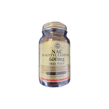 A glass bottle containing Solgar NAC (N-Acetyl-L-Cysteine) 600 mg 60 Vegetable Capsules, suitable for vegans. The label is gold with black text. NAC is known for supporting liver health and its antioxidant properties.